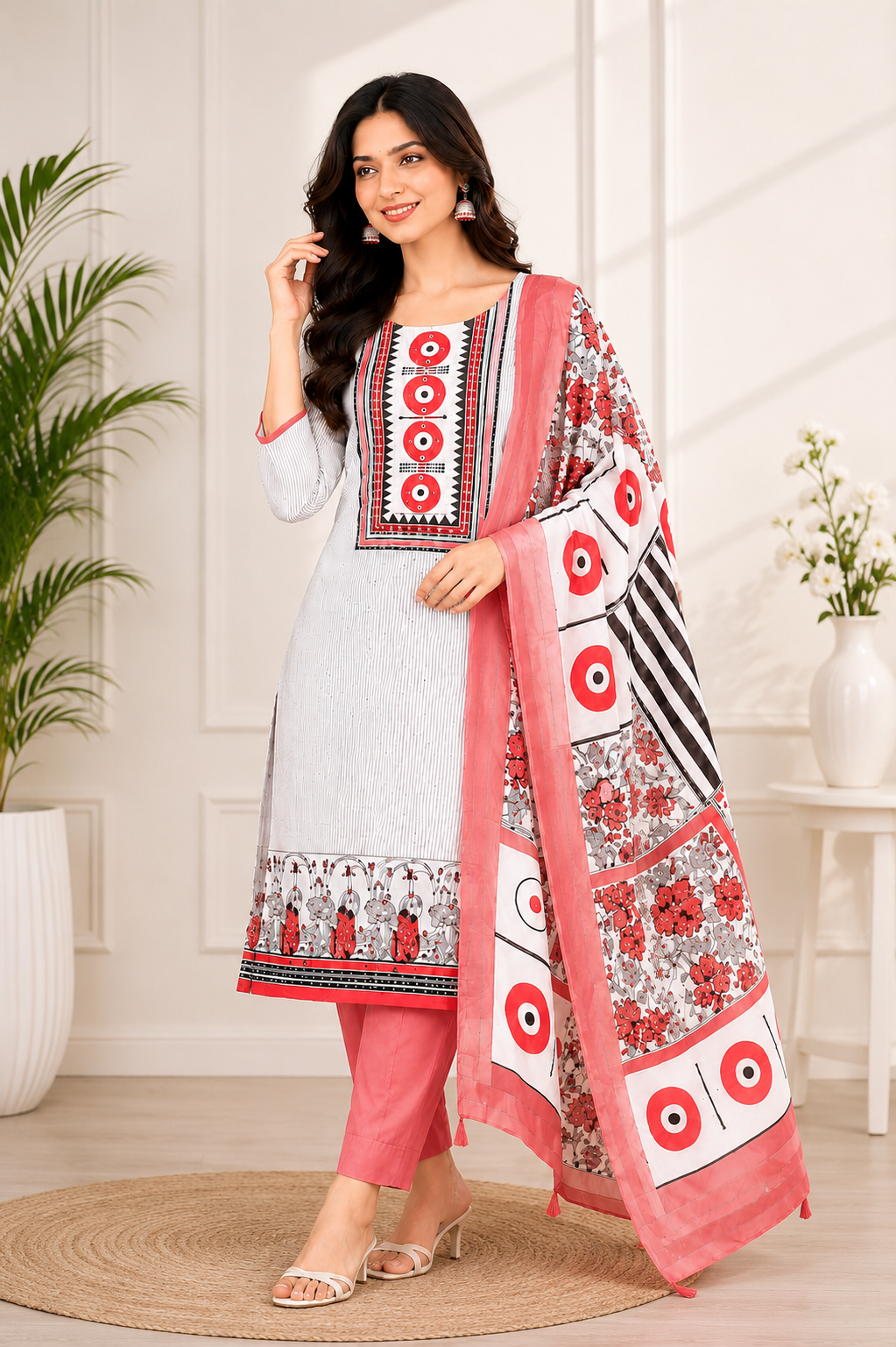 Unstiched Geometric Printed Kurta Pant with Dupatta ,3-Piece Set, Ethnic Block Print