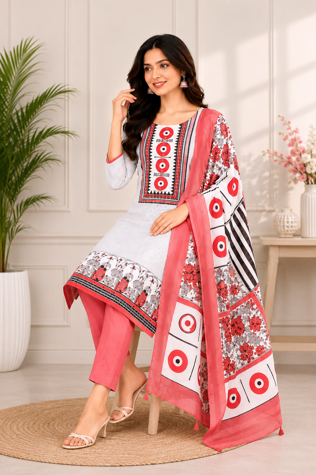Unstiched Geometric Printed Kurta Pant with Dupatta ,3-Piece Set, Ethnic Block Print