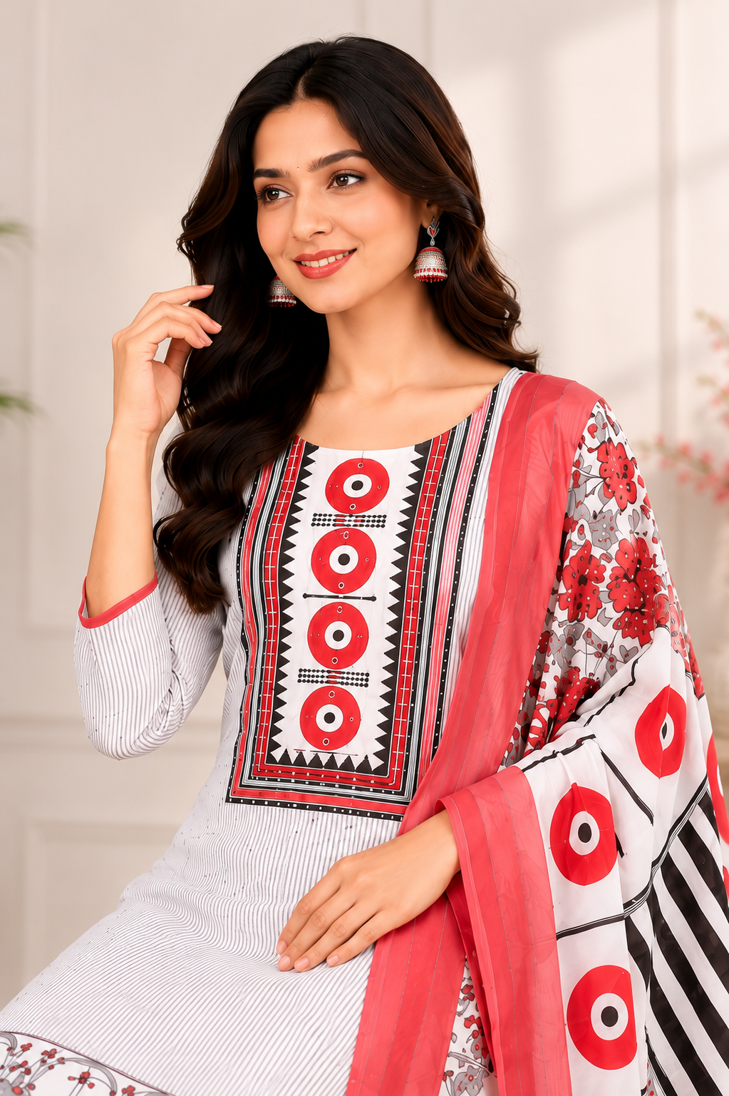Unstiched Geometric Printed Kurta Pant with Dupatta ,3-Piece Set, Ethnic Block Print