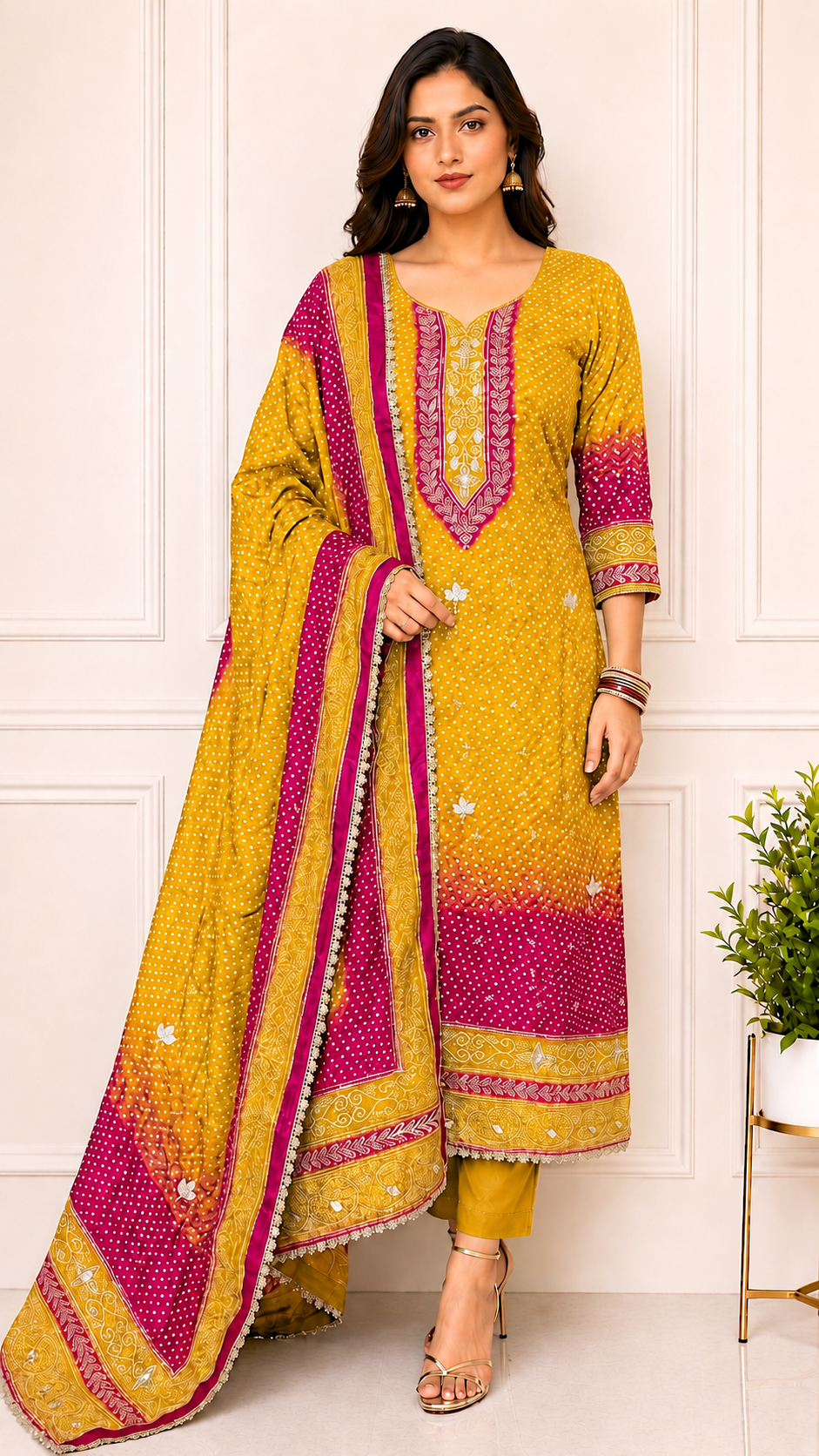 Unstiched Bandhani Printed Silk Suit Set