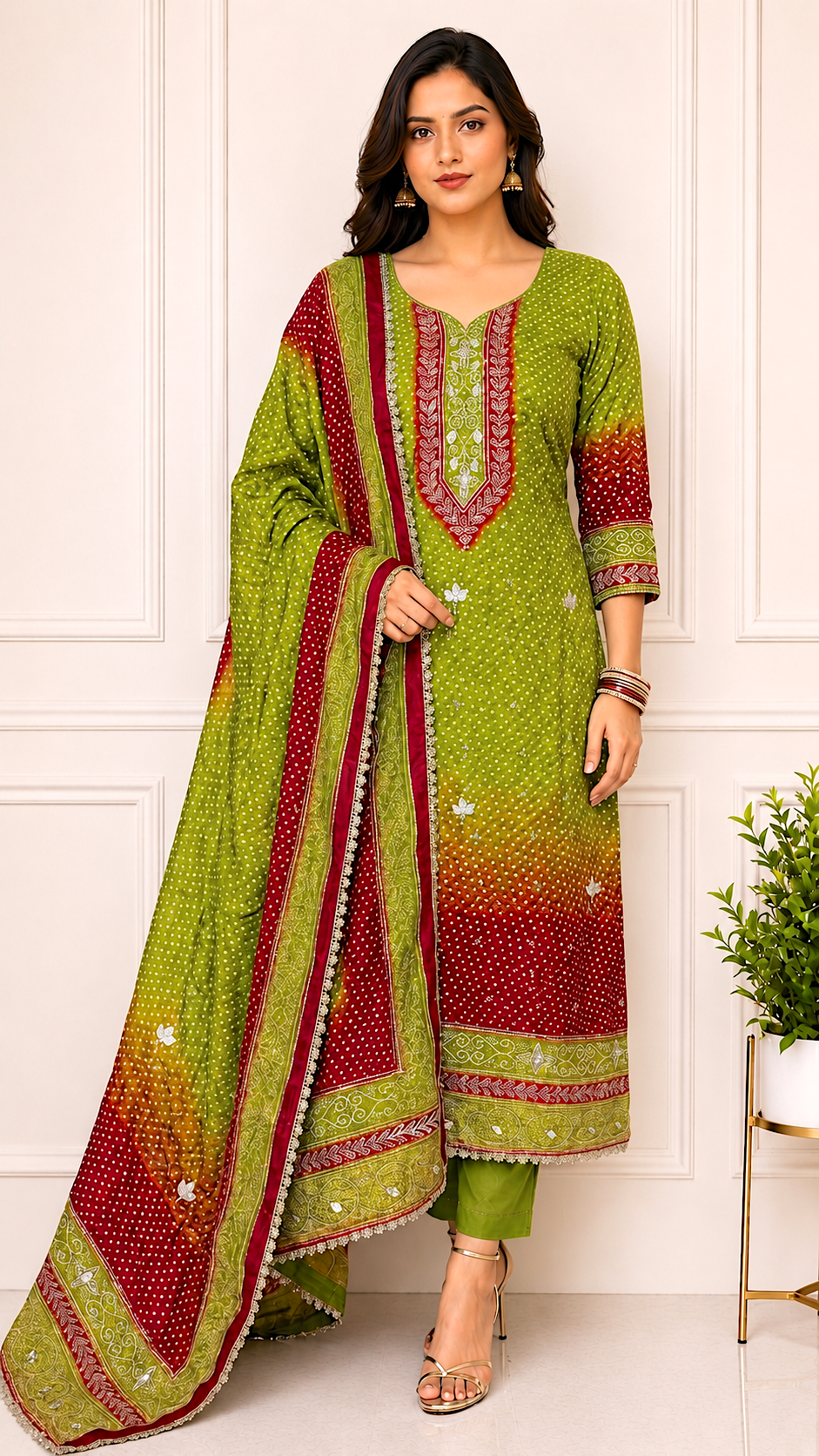 Bandhani Printed Unstitched Suit Set with Dupatta