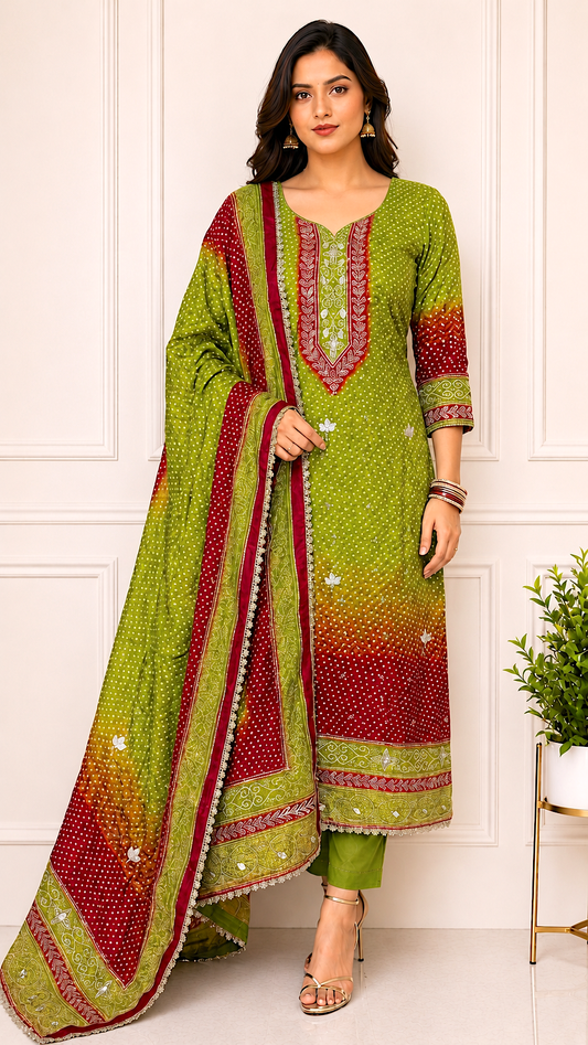 Unstiched Bandhani Printed Silk Suit Set