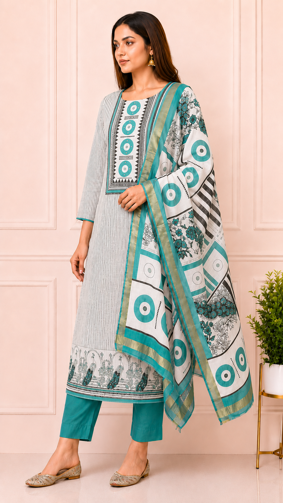 Unstiched Geometric Printed Kurta Pant with Dupatta ,3-Piece Set, Ethnic Block Print