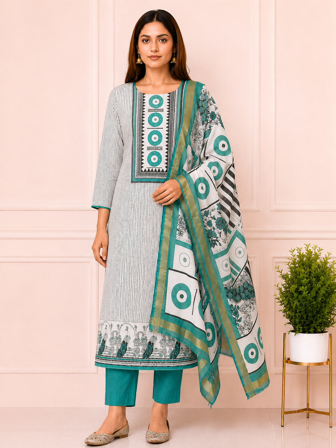 Unstiched Geometric Printed Kurta Pant with Dupatta ,3-Piece Set, Ethnic Block Print
