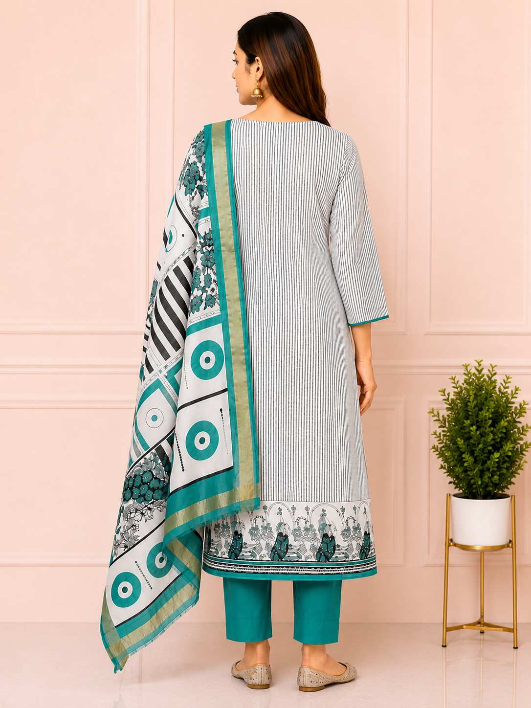 Unstiched Geometric Printed Kurta Pant with Dupatta ,3-Piece Set, Ethnic Block Print