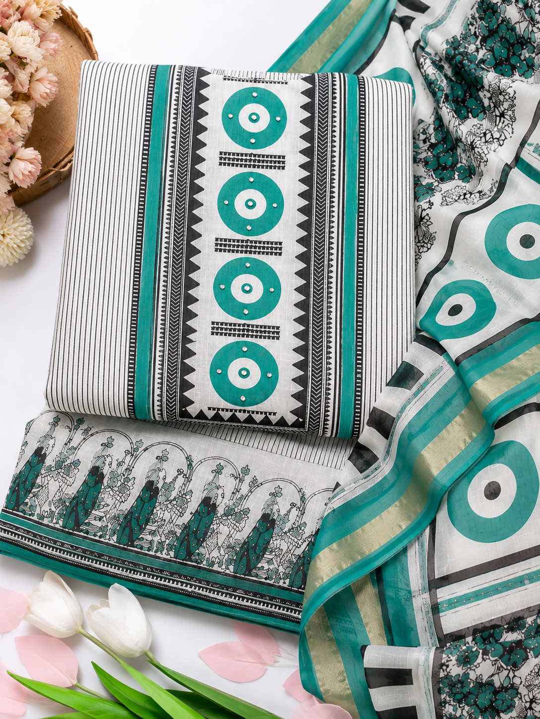 Unstiched Geometric Printed Kurta Pant with Dupatta ,3-Piece Set, Ethnic Block Print