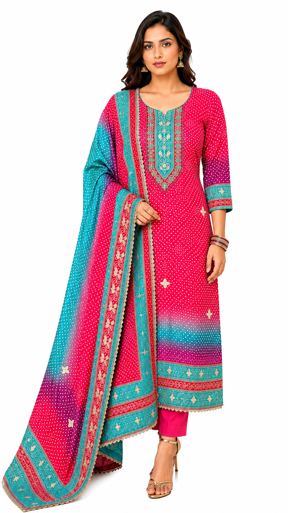 Unstiched Bandhani Printed Silk Suit Set