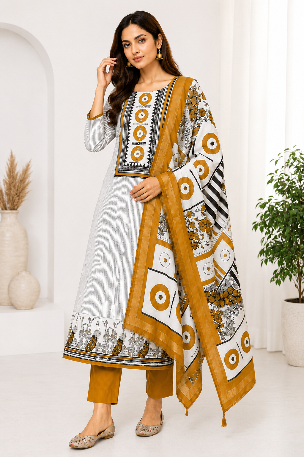Unstiched Geometric Printed Kurta Pant with Dupatta ,3-Piece Set, Ethnic Block Print