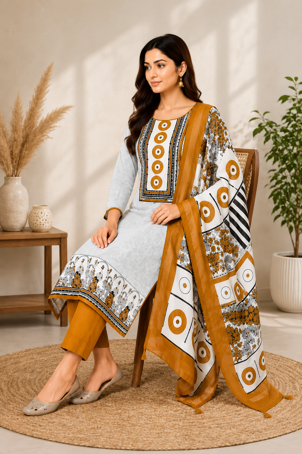 Unstiched Geometric Printed Kurta Pant with Dupatta ,3-Piece Set, Ethnic Block Print