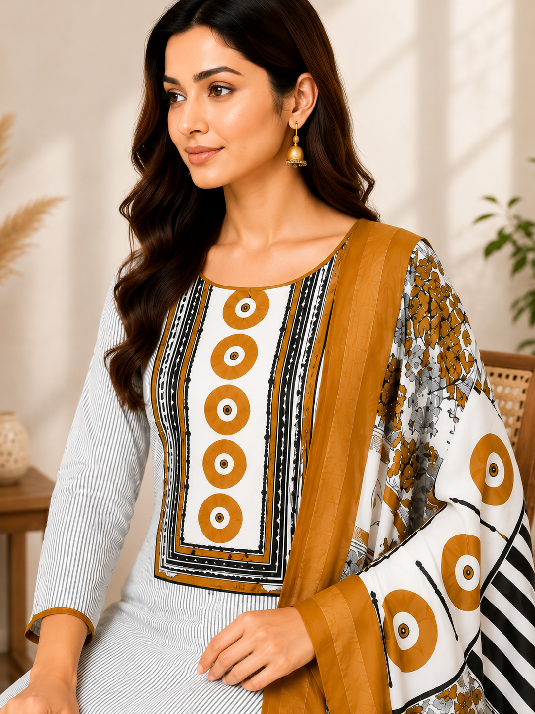 Unstiched Geometric Printed Kurta Pant with Dupatta ,3-Piece Set, Ethnic Block Print